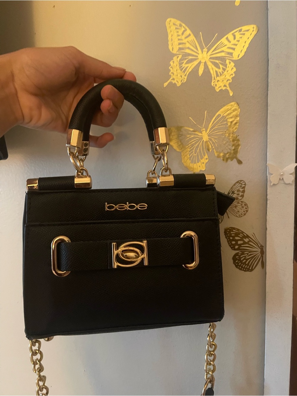 bebe Black Mini Satchel with Gold Accents